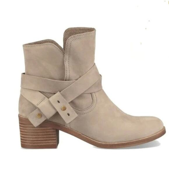 UGG Elora 1019148 Strappy Taupe Nubuck Stacked Chunky Heel Ankle Bootie, Sz 7.5 - Picture 1 of 9